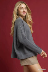 Umgee V-Neck Sweater with Wide Trim Detail OutfitFlow